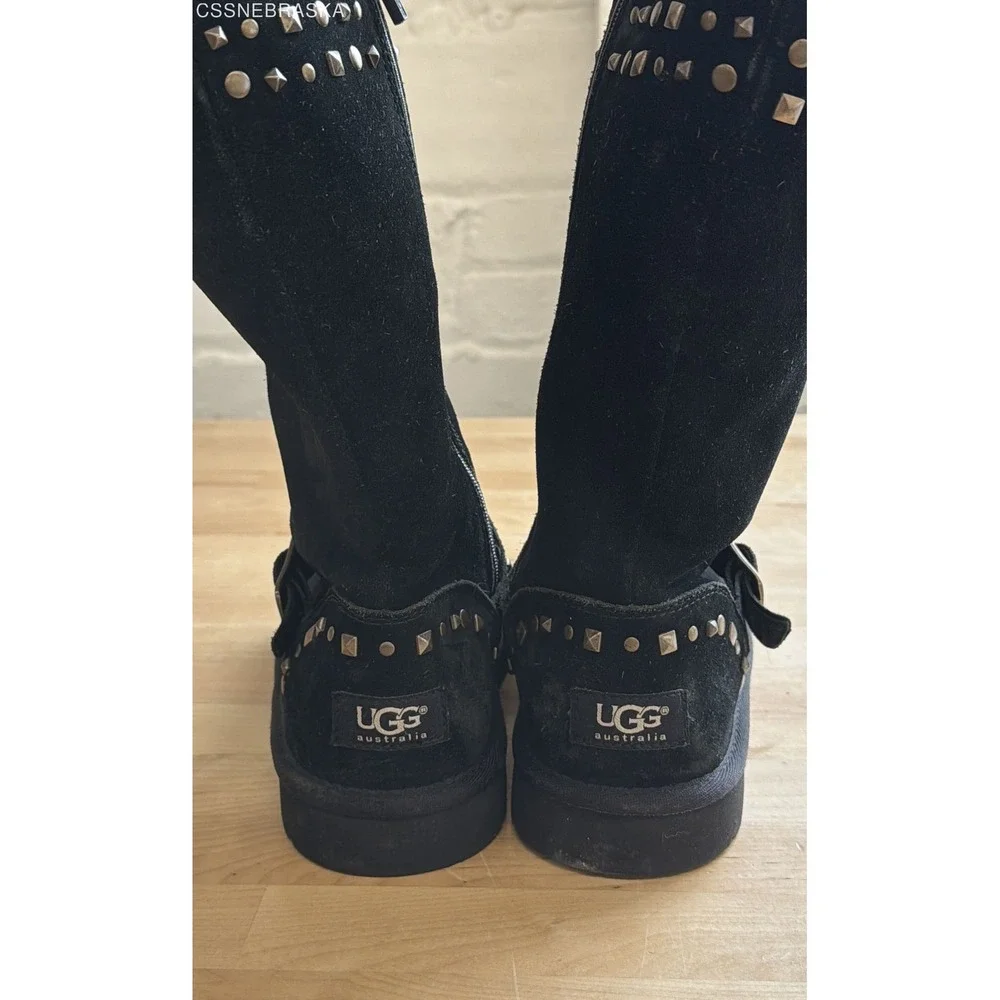 UGG Black Girls Boots Suede Clovis Studded Buckle Shearling Moto 1004952K Size 3